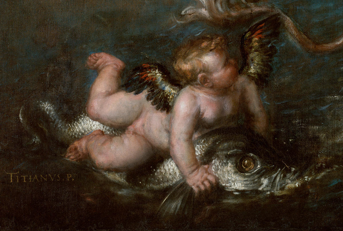 Rape of Europa (detail: cupid riding a dolphin), 1562 by Titian