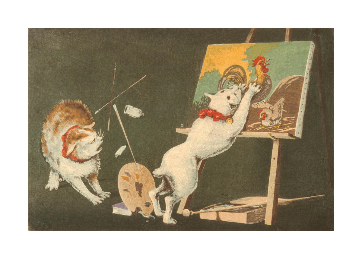 Cats and Canvas, circa 1879-1881 by Kobayashi Kiyochika - Paper