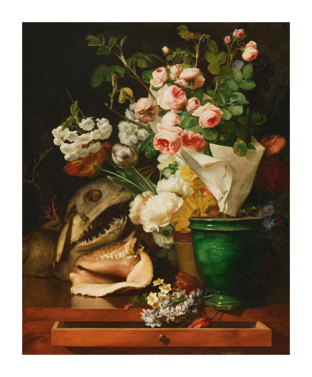 「ミシェル ルゾロ(1949~仏)」1995年作「フラワーベース」 Still Life with Flowers, Shells, a Shark's Head, and