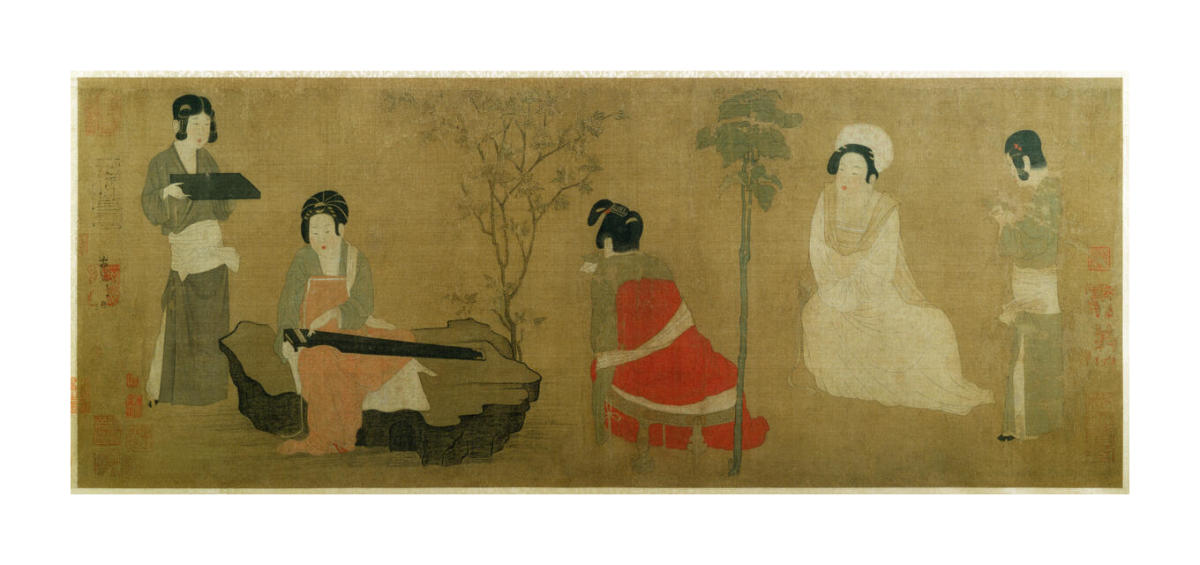 Palace Ladies Tuning the Lute, 12th century by Zhou Fang - Paper